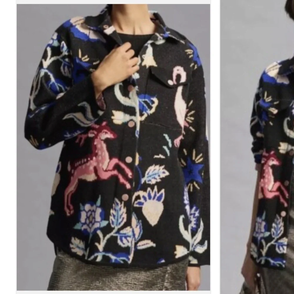 183 Anthropologie Icon Sweater Coat Jacket Deer Flamingo Animals Black size M - Picture 3 of 12